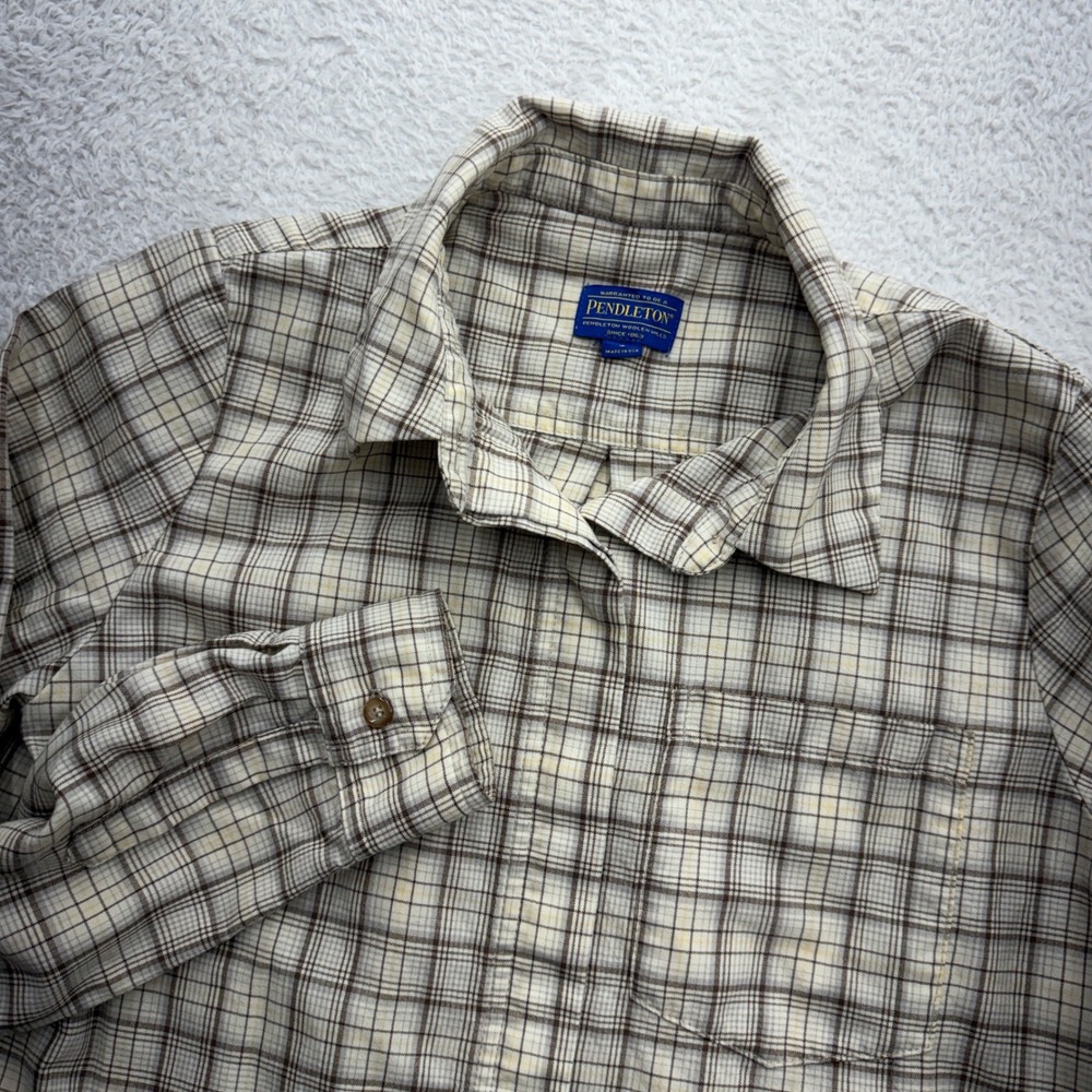 Pendleton Womens Plaid Virgin Wool Button Down Shirt Tan Brown S Made in USA
